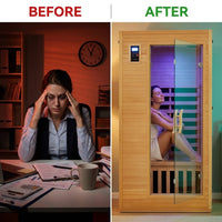 2024 Upgrade 1 to 2 Person Infrared Sauna, Low EMF Infrared Sauna for Home, Indoor Sauna Room, Hemlock Wooden Far Infrared Sauna, Dry Sauna with Bluetooth Speakers, LED Reading and Chromotherapy Lamp — Before & After