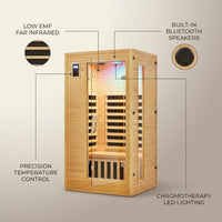 2024 Upgrade 1 to 2 Person Infrared Sauna, Low EMF Infrared Sauna for Home, Indoor Sauna Room, Hemlock Wooden Far Infrared Sauna, Dry Sauna with Bluetooth Speakers, LED Reading and Chromotherapy Lamp — infographic