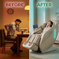 4D Massage Chair Full Body Zero Gravity Heated Recliner with Body Scan, 55" Sl-Track & Stretch, 40 Airbags - Shiatsu, Knead, Foot Rollers, Voice & APP Control, 15 Auto Modes & 9 Techniques (Beige) — Before & After
