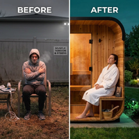 Backyard Discovery Lennon 2-4 Person Traditional Cedar Outdoor Cube Sauna with Porch, Electric Sauna Heater, Sauna Rocks, Dry Heat, Steam Sauna, LED Lights, Wi-Fi Control, Sauna Accessories — Before & After