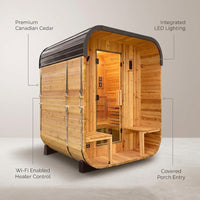 Backyard Discovery Lennon 2-4 Person Traditional Cedar Outdoor Cube Sauna with Porch, Electric Sauna Heater, Sauna Rocks, Dry Heat, Steam Sauna, LED Lights, Wi-Fi Control, Sauna Accessories — infographic