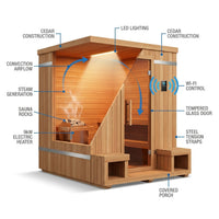 Backyard Discovery Lennon 2-4 Person Traditional Cedar Outdoor Cube Sauna with Porch, Electric Sauna Heater, Sauna Rocks, Dry Heat, Steam Sauna, LED Lights, Wi-Fi Control, Sauna Accessories — How It Works