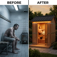 Backyard Discovery Lennon 4-6 Person Traditional Cedar Outdoor Cube Sauna with Porch, Electric Sauna Heater, Sauna Rocks, Dry Heat, Steam Sauna, LED Lights, Wi-Fi Control, Sauna Accessories — Before & After