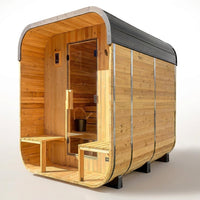 Backyard Discovery Lennon 4-6 Person Traditional Cedar Outdoor Cube Sauna with Porch, Electric Sauna Heater, Sauna Rocks, Dry Heat, Steam Sauna, LED Lights, Wi-Fi Control, Sauna Accessories — Studio Shot