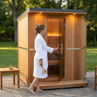 Backyard Discovery Lennon 4-6 Person Traditional Cedar Outdoor Cube Sauna with Porch, Electric Sauna Heater, Sauna Rocks, Dry Heat, Steam Sauna, LED Lights, Wi-Fi Control, Sauna Accessories — Lifestyle