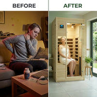 Far Infrared Sauna European Aspen Wood 1 Person Infrared Sauna for Home 905W Low EMF Mini Indoor Sauna with Bluetooth Speakers, Right Door — Before & After