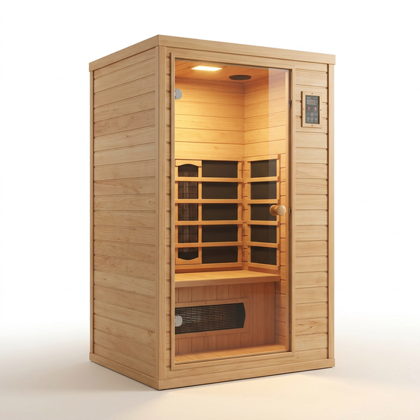 Far Infrared Sauna European Aspen Wood 1 Person Infrared Sauna for Home 905W Low EMF Mini Indoor Sauna with Bluetooth Speakers, Right Door — Studio Shot