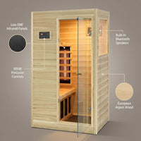 Far Infrared Sauna European Aspen Wood 1 Person Infrared Sauna for Home 905W Low EMF Mini Indoor Sauna with Bluetooth Speakers, Right Door — infographic