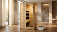 Far Infrared Sauna European Aspen Wood 1 Person Infrared Sauna for Home 905W Low EMF Mini Indoor Sauna with Bluetooth Speakers, Right Door — Lifestyle