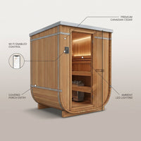 Outdoor Cedar Sauna Built for Home Relaxation, Electric Heater, Wi-Fi Control, LED Lights, 4-6 Person Capacity — infographic