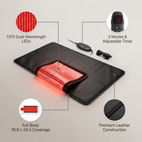 Red Light Therapy Mat for Full Body, 76.8'' X 33.4'' Red Light Therapy Blanket, 1370 (660Nm & 850Nm) Leds for Home Use, 3 Modes & Adjustable Timer, Premium Leather — infographic